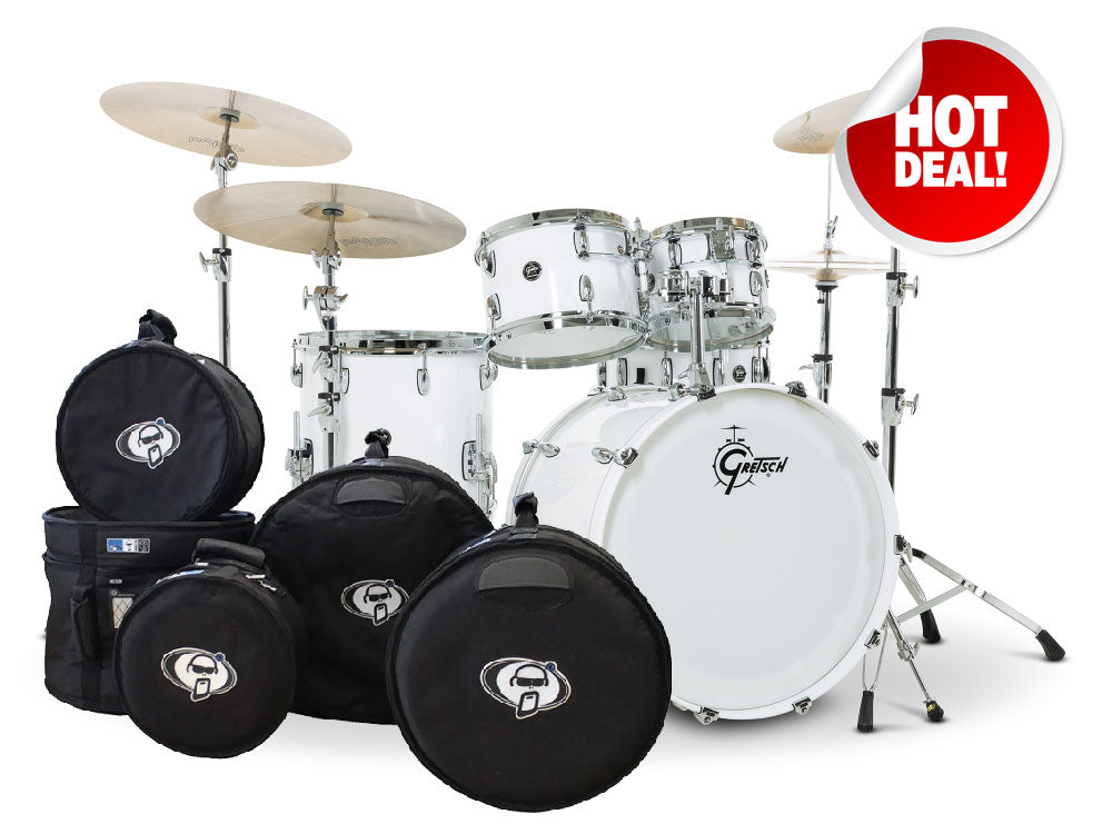 Gretsch Renown 22" 5 Piece Shell Pack with Protection Racket Bags - Piano White