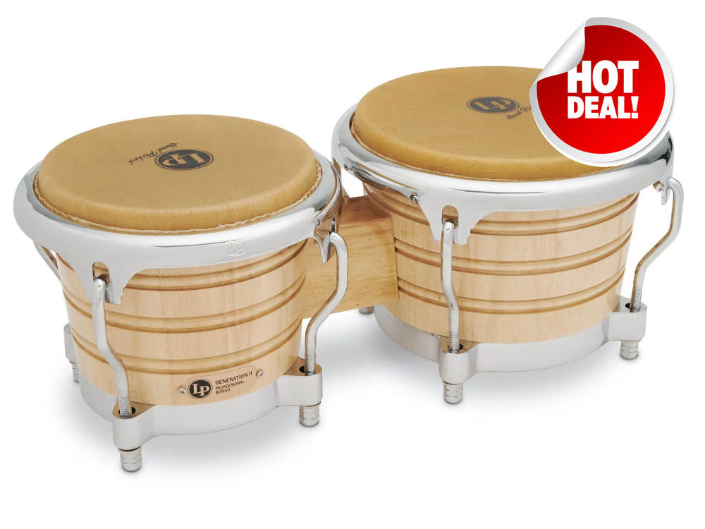 Latin Percussion Generation II 7-1/4″ & 8-5/8″ Bongos Natural with Chrome Hardware