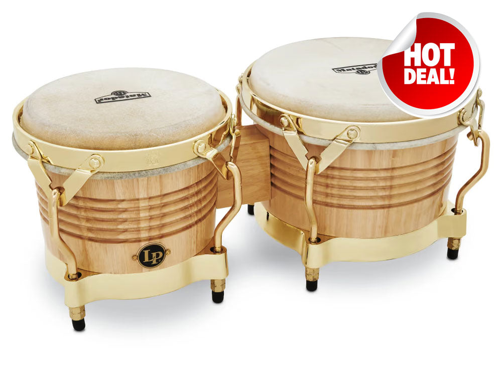 Latin Percussion Matador 7-1/4″ & 8-5/8″ Bongos Natural with Gold Hardware