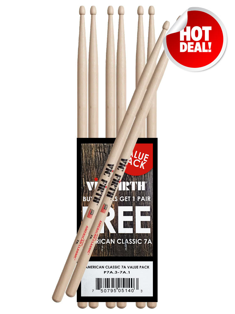Vic Firth American Classic 7A Wood Tip Drum Stick Value Pack