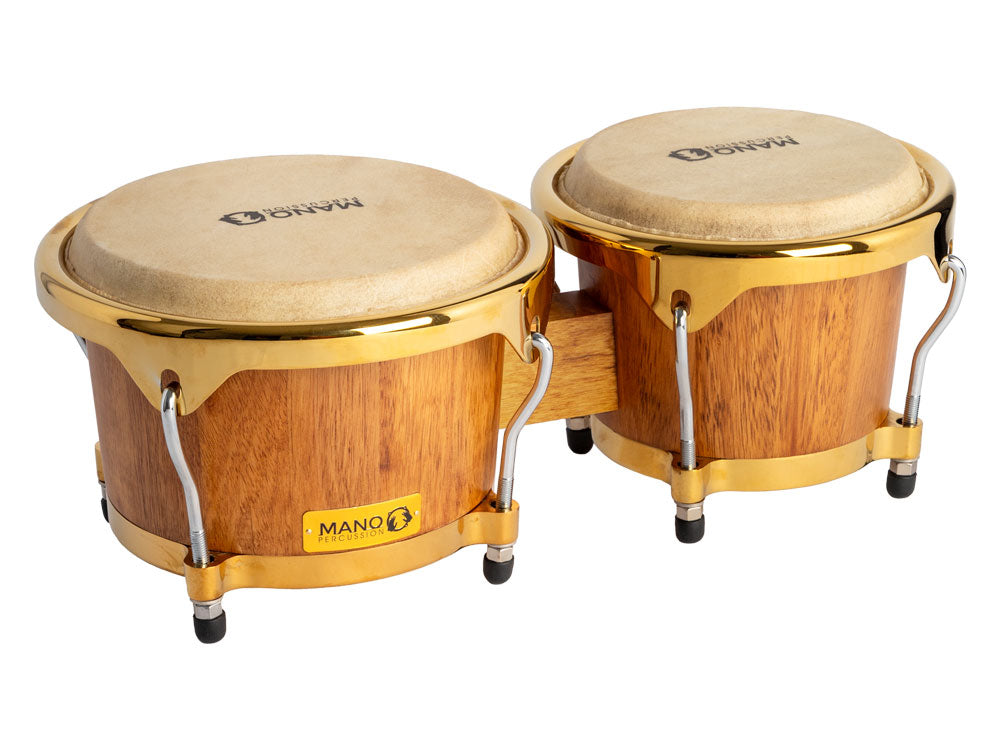 Mano Percussion 7-1/4" and 8-1/2" Bongos Natural with Gold Hoops