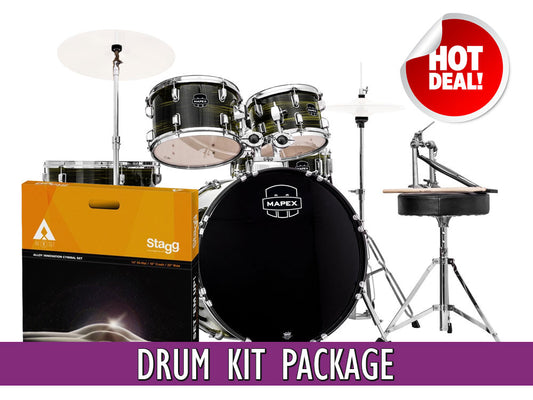 Mapex Prodigy 20" 5 Piece AXK Drum Kit Bundle - Ebony Yellow Grain